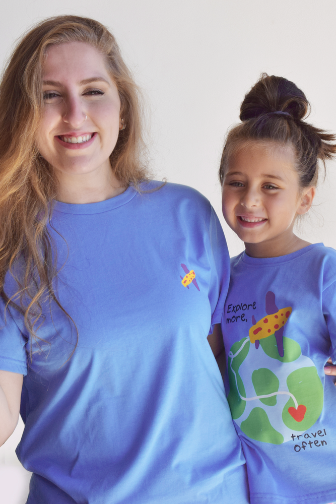 blue Kids tshirt inspired from kids art cotton happiness Amman jordan 